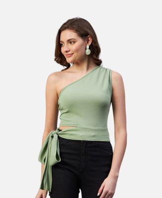 Pista Green Colour One Shoulder Solid Top