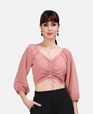 Peach Coloured Ruched Tie-Front Crop Top